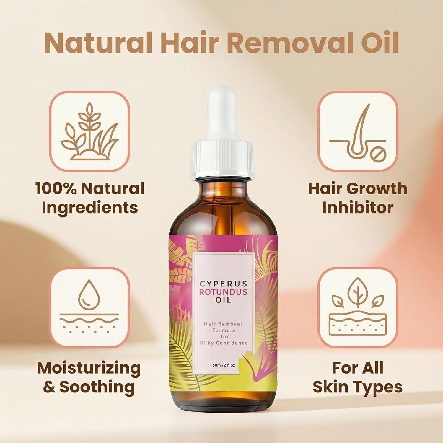 NakedSkn No-Grow Serum- 60ml Natural Cyperus Rotundus Oil For Hair Removal, Reducing Body Hair Growth for All Skin Types